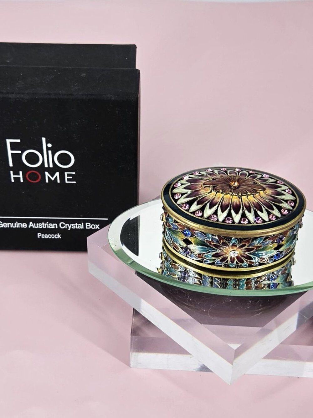 New Folio HOME Genuine Austrian Crystals Peacock Oval Trinket Box Enameled Metal